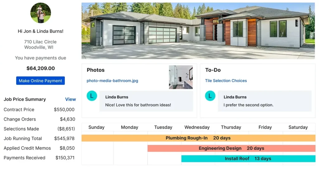 Sample Client Portal dashboard showing a build schedule, progress photos and selections