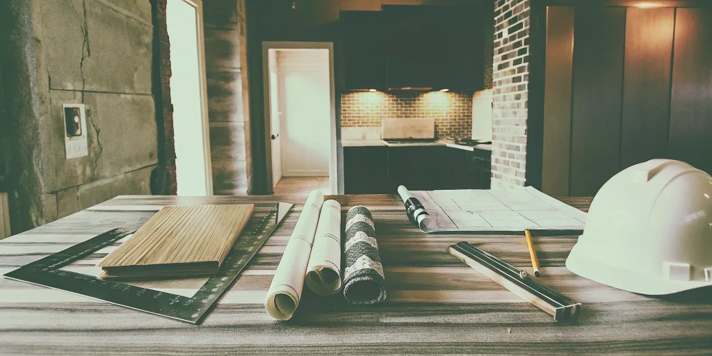 Planning the interior design for a new construction home with material samples and blueprints.