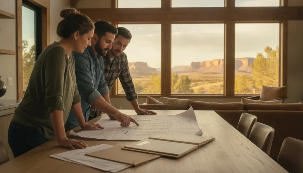 Homeowners and a builder reviewing custom home plans for a Colorado appraisal
