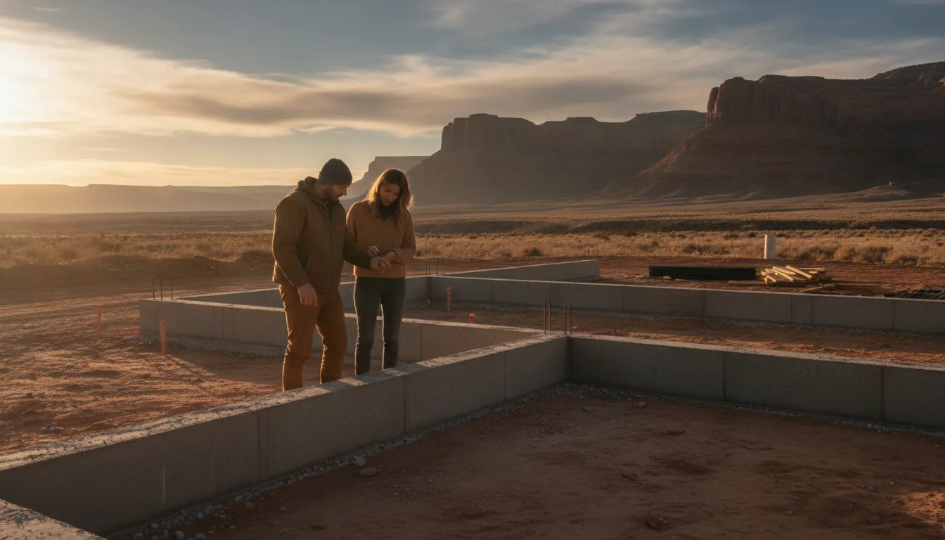 Couple looking over new concrete foundation walls on a high-desert homesite in Western Colorado