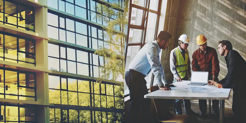 An architect and builder discussing the benefits of design-build vs. traditional methods over project plans.