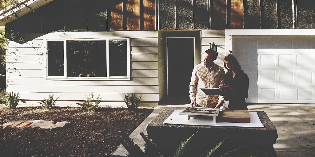 Couple with plans choosing between landscaping companies for their new home.