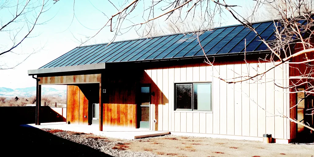Energy efficient home in Montrose, Colorado, with a modern design, metal roof, and large windows.